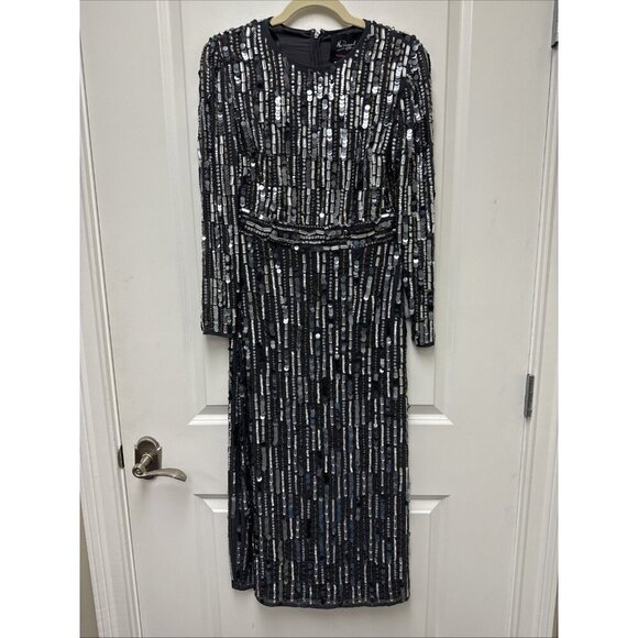 Mac Duggal Size 4 Gray 93590 Sequin Beads Embellished Long Sleeve Cocktail Dress - Picture 4 of 10
